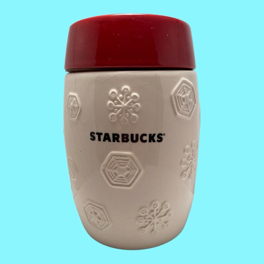 Starbucks Red White 2011 Holiday Snowflake Ceramic Coffee Canister 7" Tall
